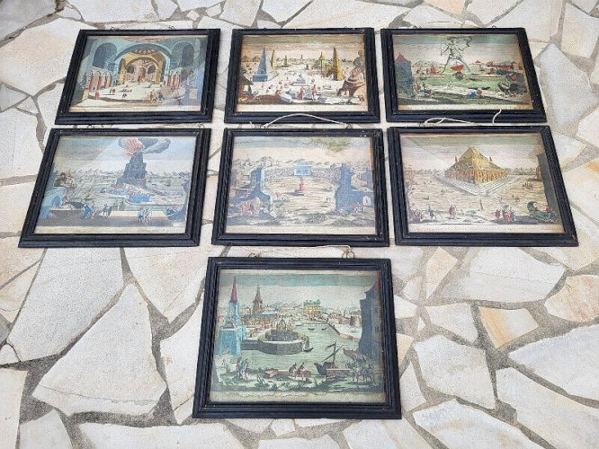 SERIE DE 7 CADRES AVEC GRAVURES ECRIT EN LATIN 7 MERVEILLES DU MONDE DU XVII è
