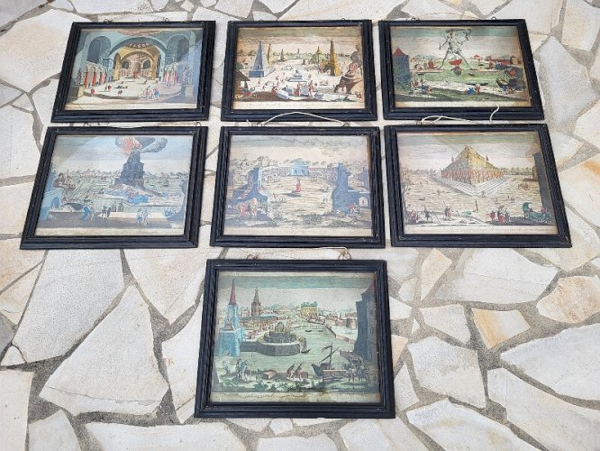 SERIE DE 7 CADRES AVEC GRAVURES ECRIT EN LATIN 7 MERVEILLES DU MONDE DU XVII è