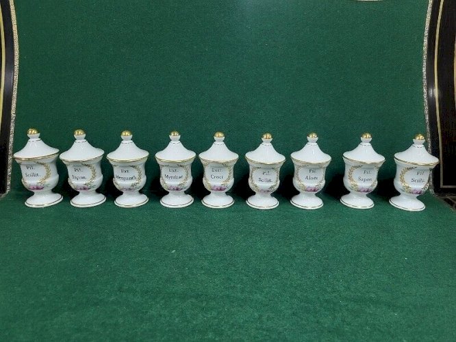 SERIE DE 9 POTS D'APOTHICAIRE POT PHARMACIE G. HERVE LIMOGES FRANCE