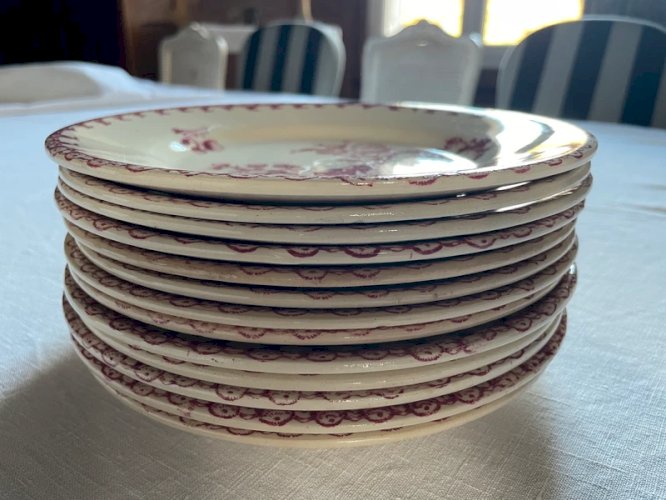 Série de treize assiettes faïence de Gien fin XIXe – Les chardons - teinte rose