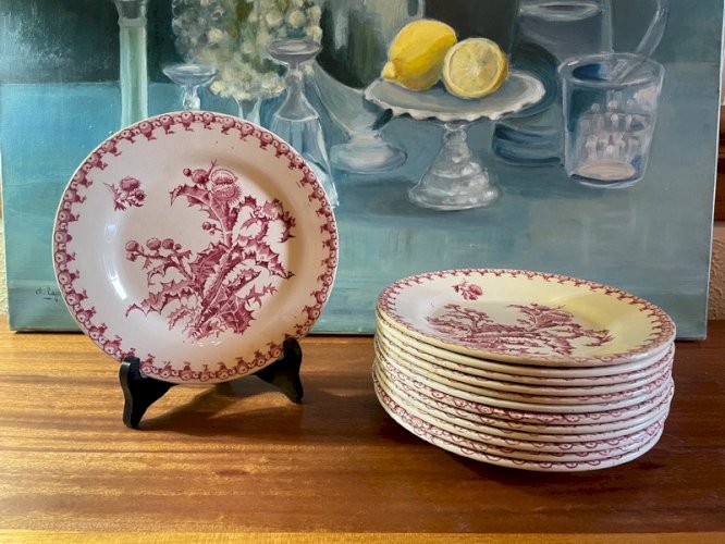 Série de treize assiettes faïence de Gien fin XIXe – Les chardons - teinte rose