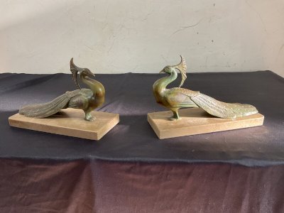 serre livres bronze d art et marbre art déco animalier  paon