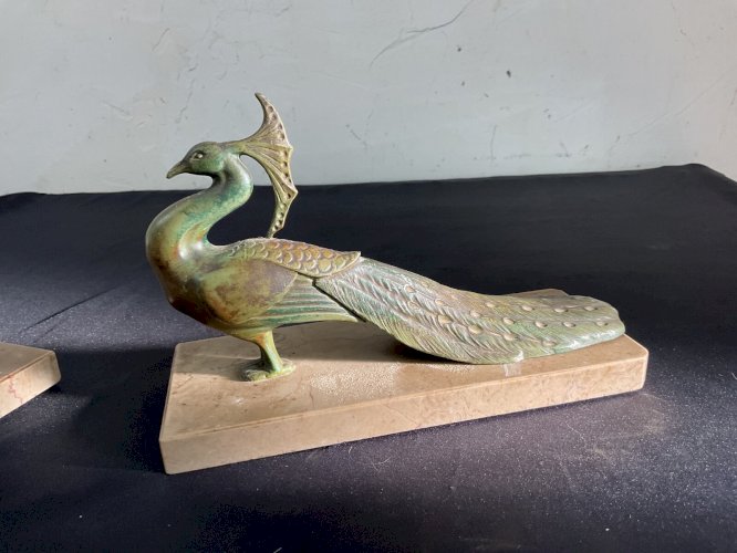 serre livres bronze d art et marbre art déco animalier  paon