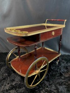 Servante roulante, bar chariot, bar rolling en bois vernis acajou et laiton 1970