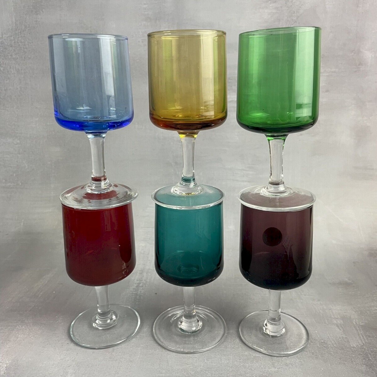 Ensemble 6 petits verres liqueur pied torsadé Murano 1950