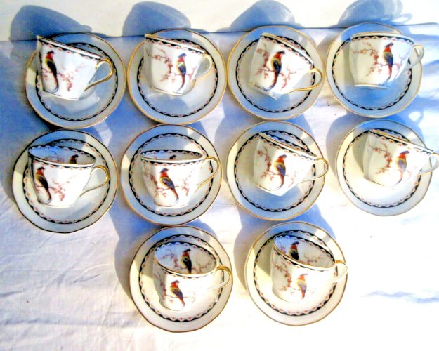 Service à café 10 tasses + soucoupes Oiseaux exotiques Théodore Haviland Limoges