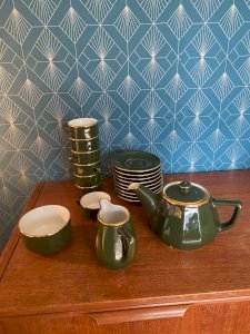 Antique coffee service, Apilco, Paris, Flora collection, empire green. 19 pieces.