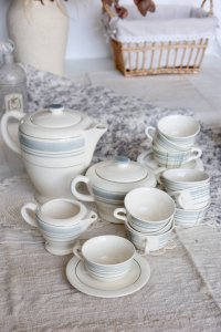 Vintage coffee set for 10 people, pottery Salins with geometric pattern.