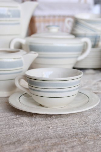 Service à café vintage 10 personnes faïence Salins décor géométrique