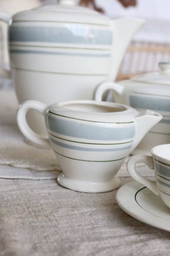 Service à café vintage 10 personnes faïence Salins décor géométrique