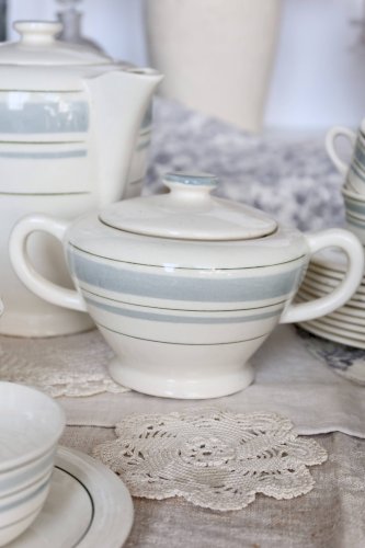 Service à café vintage 10 personnes faïence Salins décor géométrique