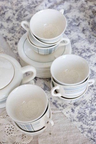 Service à café vintage 10 personnes faïence Salins décor géométrique