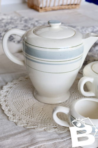 Service à café vintage 10 personnes faïence Salins décor géométrique