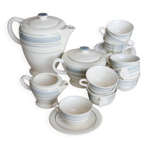 Service à café vintage 10 personnes faïence Salins décor géométrique