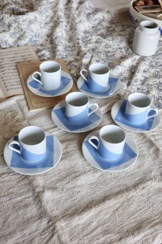Service à café vintage porcelaine Guy Degrenne décor Carré bleu