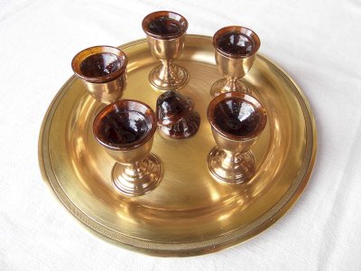 Brass and blown glass caviar service