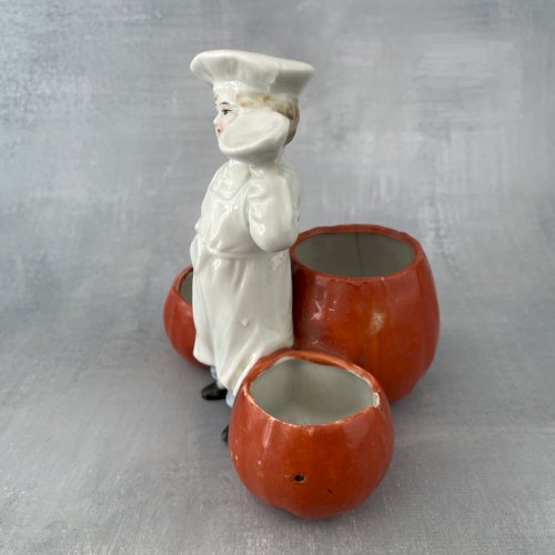 Service à condiments porcelaine cuisinier et potiron sel poivre moutarde