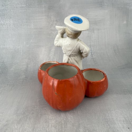 Service à condiments porcelaine cuisinier et potiron sel poivre moutarde