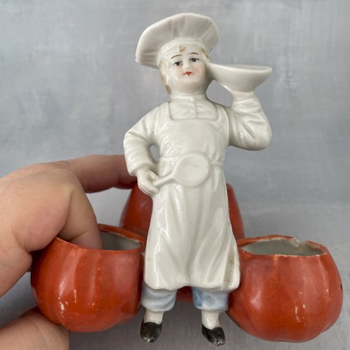Service à condiments porcelaine cuisinier et potiron sel poivre moutarde