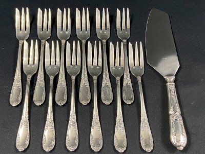 Silver-plated dessert service in Louis XVI style 12 forks 1 server