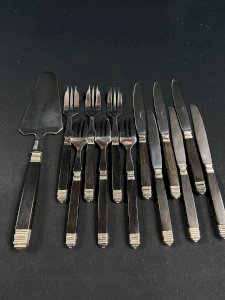 Dessert service, wood handle Art Deco style cake knife, fork, server.