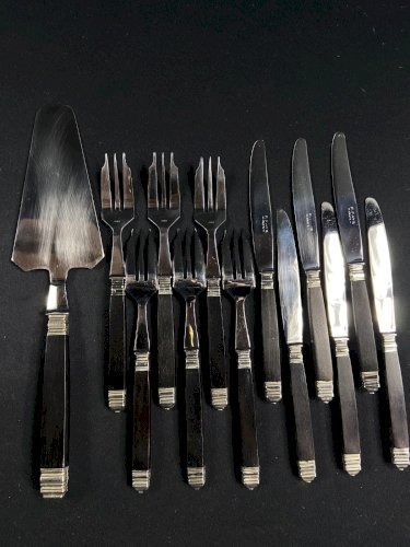 Service à dessert, entremets manche bois style Art déco couteau fourchette pelle