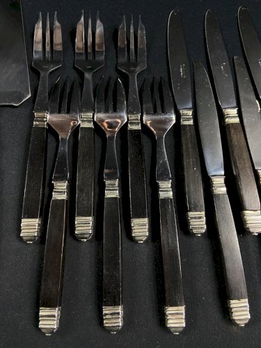 Service à dessert, entremets manche bois style Art déco couteau fourchette pelle