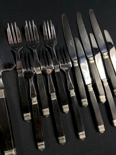 Service à dessert, entremets manche bois style Art déco couteau fourchette pelle