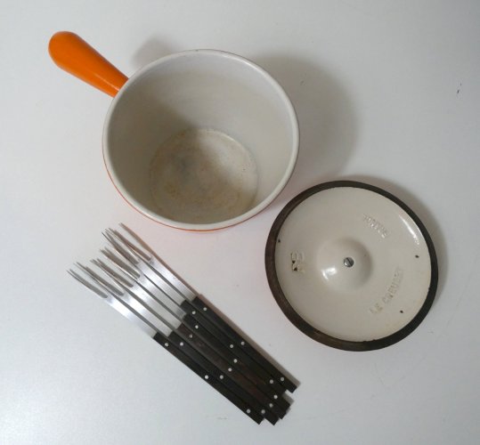 service à fondue Le Creuset orange vintage