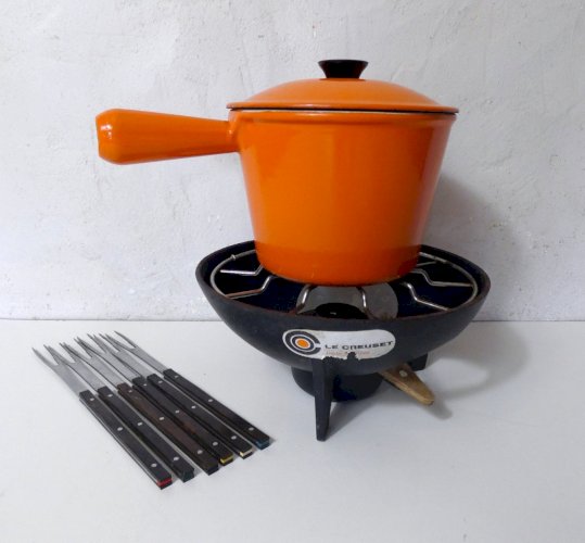 service à fondue Le Creuset orange vintage