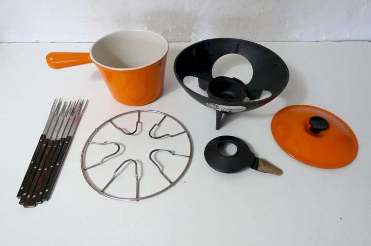 service à fondue Le Creuset orange vintage