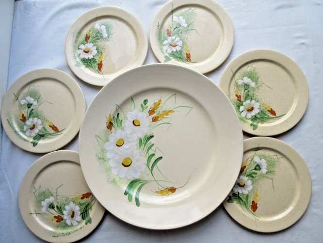 Service à gâteau Longchamp, modèle Printemps: 1 plat et 6 assiettes fleuris
