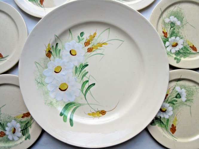 Service à gâteau Longchamp, modèle Printemps: 1 plat et 6 assiettes fleuris