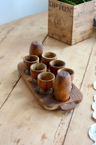 Service à œufs vintage en bois - 6 coquetiers