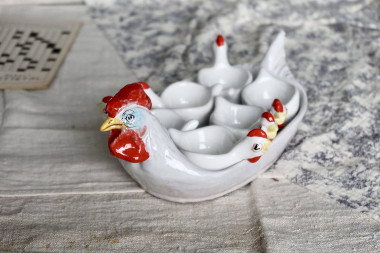 Service à œufs vintage en céramique poules