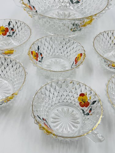 Service à salade de fruits en verre décor pensée vintage