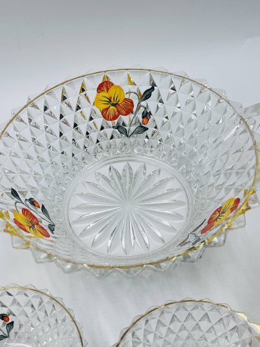Service à salade de fruits en verre décor pensée vintage