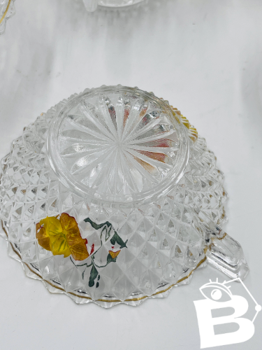 Service à salade de fruits en verre décor pensée vintage