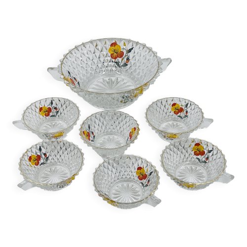 Service à salade de fruits en verre décor pensée vintage