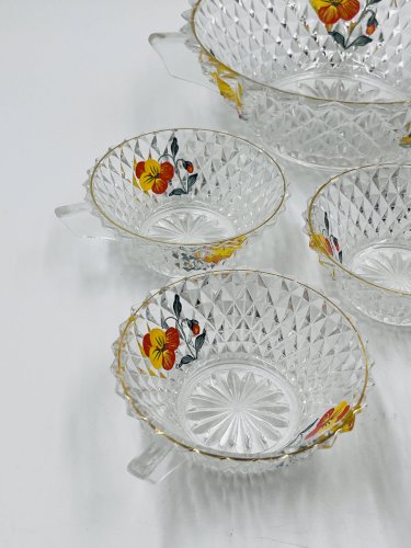 Service à salade de fruits en verre décor pensée vintage