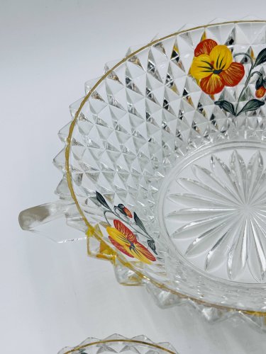 Service à salade de fruits en verre décor pensée vintage