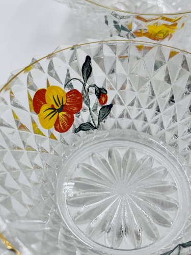 Service à salade de fruits en verre décor pensée vintage