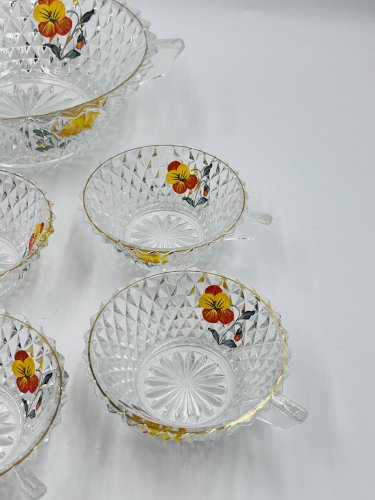 Service à salade de fruits en verre décor pensée vintage