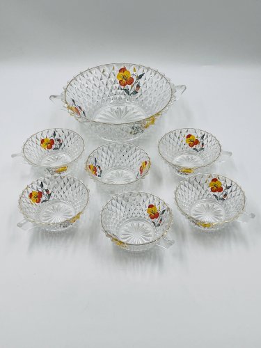 Service à salade de fruits en verre décor pensée vintage