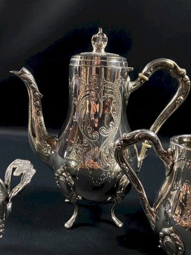 Service à thé café en métal argenté de style Louis XV Cafetière théière sucrier