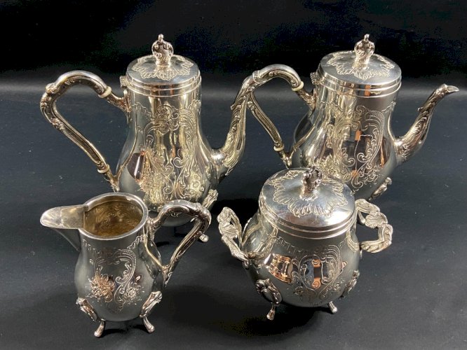 Service à thé café en métal argenté de style Louis XV Cafetière théière sucrier