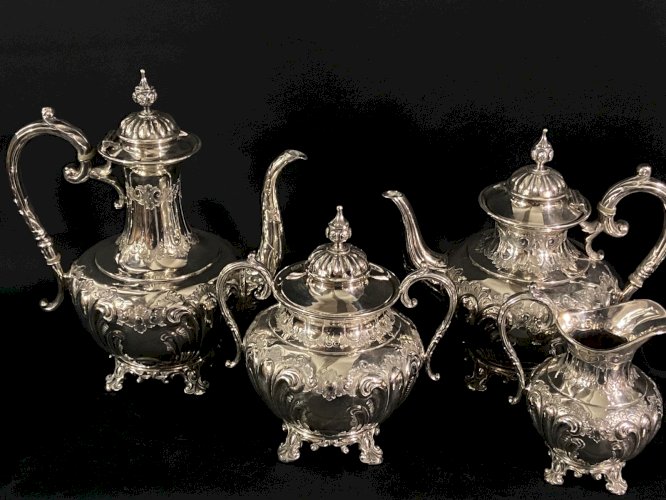 Service à thé café en métal argenté de style Louis XV Théière cafetière sucrier