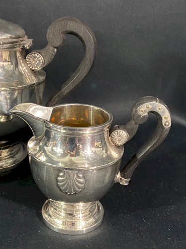 Service à thé café en métal argenté décor coquille Louis XV cafetière sucrier...