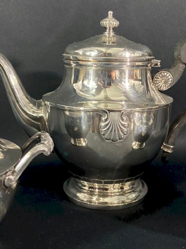 Service à thé café en métal argenté décor coquille Louis XV cafetière sucrier...