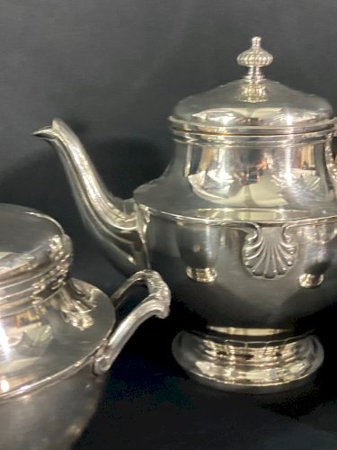 Service à thé café en métal argenté décor coquille Louis XV cafetière sucrier...